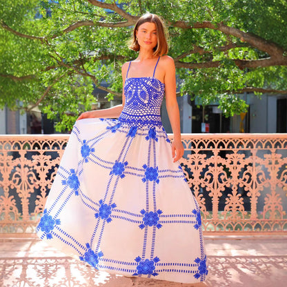 Square Neck Crochet Lace Bodice Geometric Floral Maxi Dress