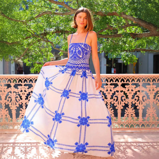 Square Neck Crochet Lace Bodice Geometric Floral Maxi Dress