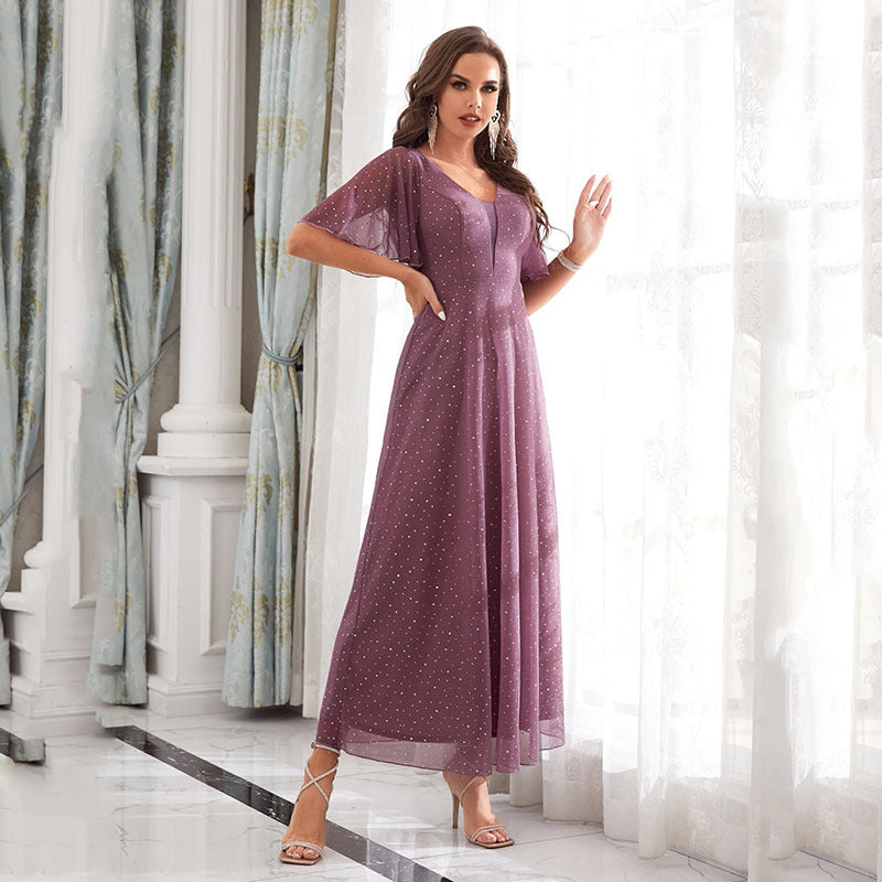 Evening Dress V neck Ruffle Bridesmaid Performance Party Dress