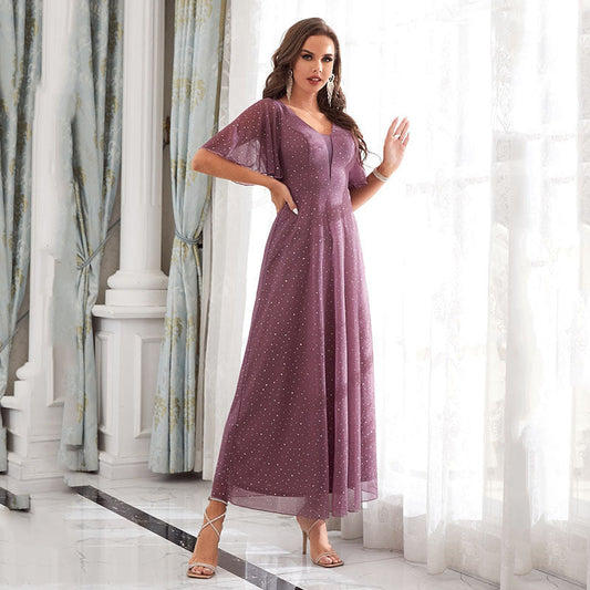 Evening Dress V neck Ruffle Bridesmaid Performance Party Dress
