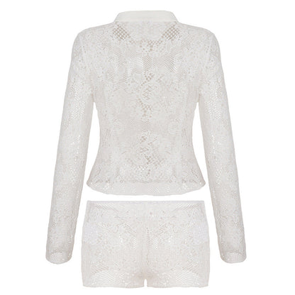 Open Knit Long Sleeve Short Set