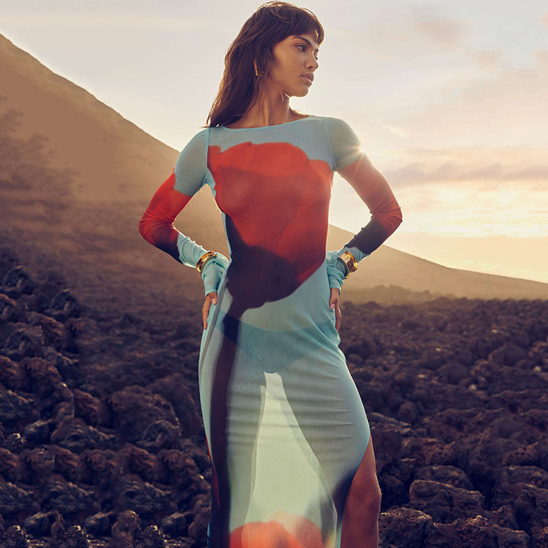 Printed Round Neck Mesh See through Split Dress
