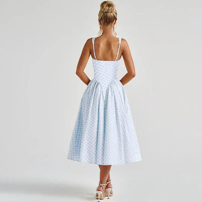 Gingham French Style Plaid Midi Princess Dress
