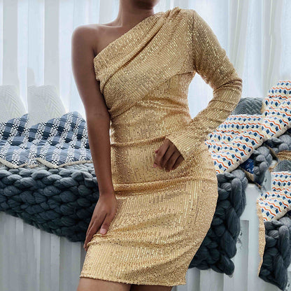 One Shoulder Dress Diagonal Collar Wrapped Chest Evening DressSequ Nightclub
