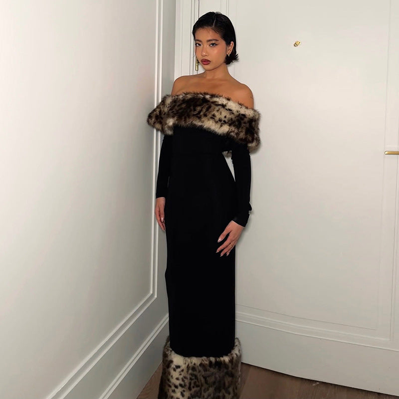 Elegant Leopard Print Fur Stitching off Shoulder Dress