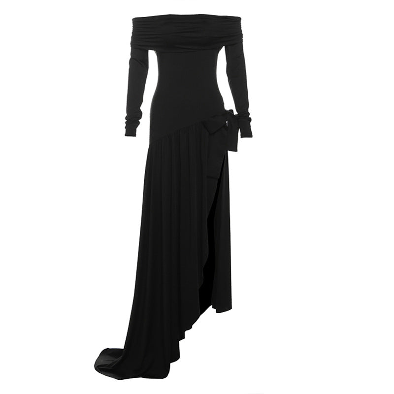 off Shoulder Hollow Out Cutout Solid Color Bow Long Sleeve Split