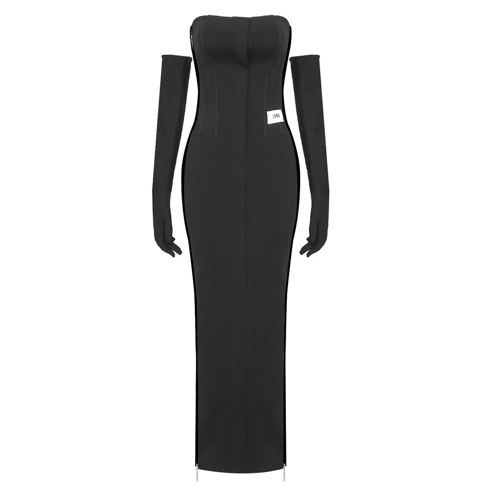 Black Strap Long Zipper Dress Gloves Dress