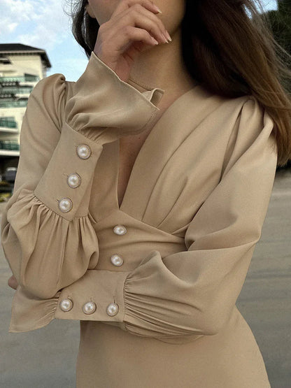 French-style lantern sleeve midi dress