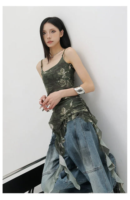 Black Asymmetric Ribbon Strap Tank Top With Ruffle Edge Design
