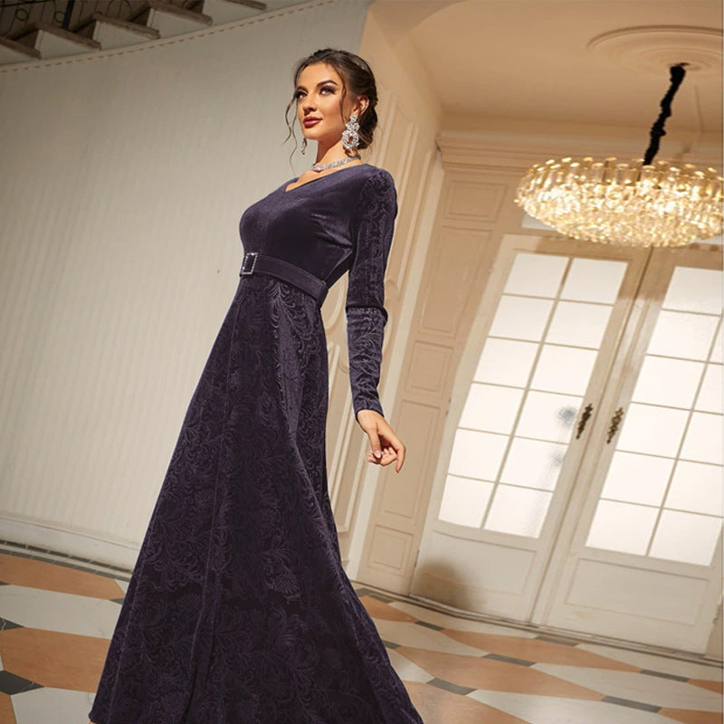 V Neck Long Sleeve Velvet Jacquard Rhinestone Buckle Belt Maxi Dress