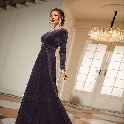 V Neck Long Sleeve Velvet Jacquard Rhinestone Buckle Belt Maxi Dress