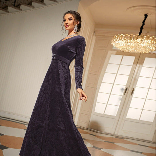 V Neck Long Sleeve Velvet Jacquard Rhinestone Buckle Belt Maxi Dress