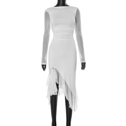 Mesh Stitching Long Sleeves Split Ruffled Tassel Dress