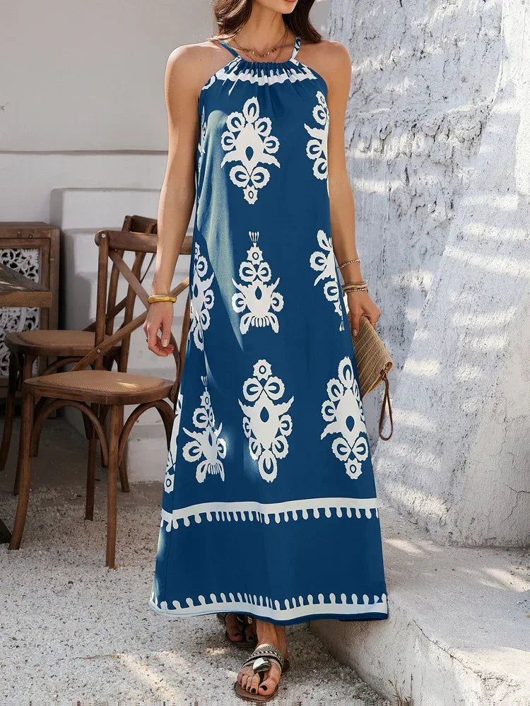 Blue Tribal Print Women Maxi Dress Summer Sundress