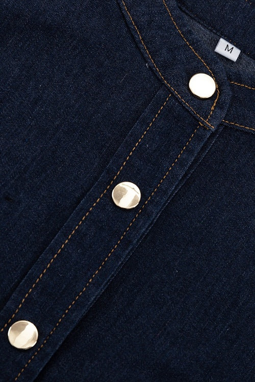Mandarin Collar Puff Sleeve Button Front Denim Fit and Flare Mini Dress