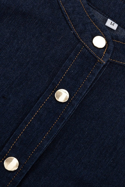 Mandarin Collar Puff Sleeve Button Front Denim Fit and Flare Mini Dress