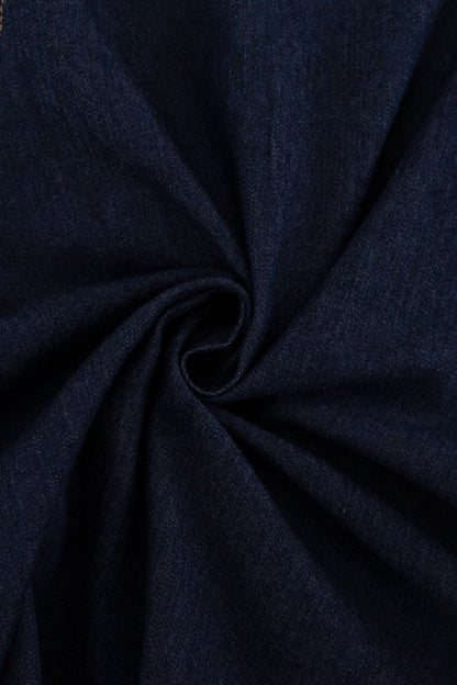 Mandarin Collar Puff Sleeve Button Front Denim Fit and Flare Mini Dress