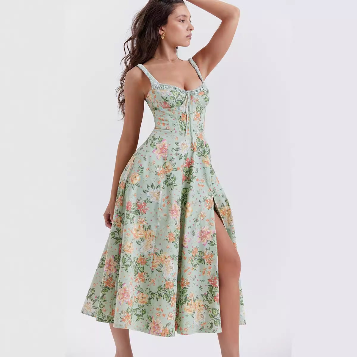 Printed Cami Dress Backless Slit Mid Length Dress for