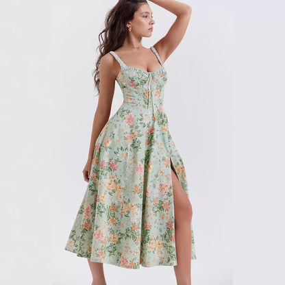 Printed Cami Dress Backless Slit Mid Length Dress for