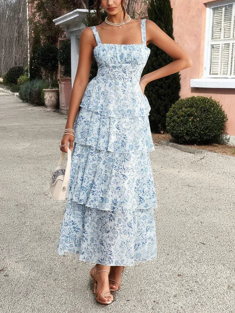 Tiered Chiffon Maxi Dress Blue Floral Ruffle Summer Outfit