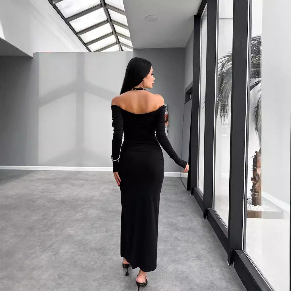 off Neck Backless Pleated Long Sleeve Narrow Split Dress