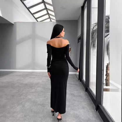 off Neck Backless Pleated Long Sleeve Narrow Split Dress