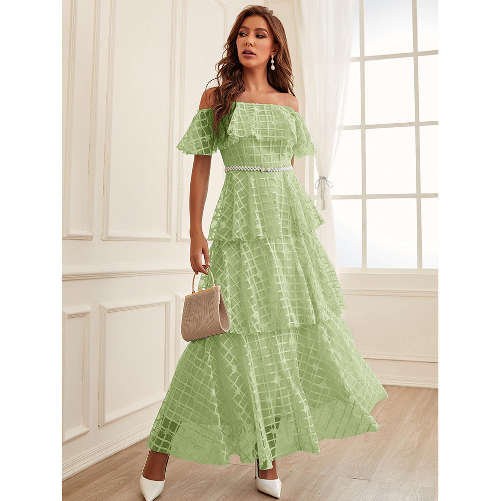 Off Shoulder Pearl Belted Tiered Ruffle Grid Print Organza Maxi Dress