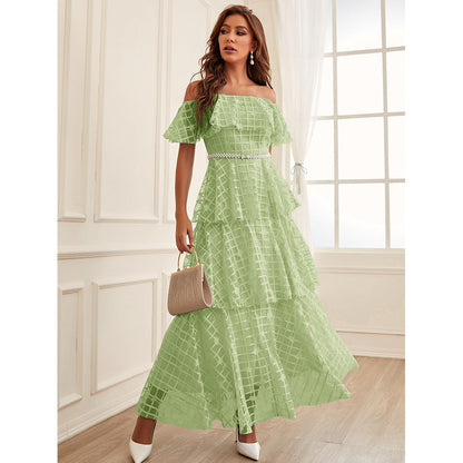 Off Shoulder Pearl Belted Tiered Ruffle Grid Print Organza Maxi Dress