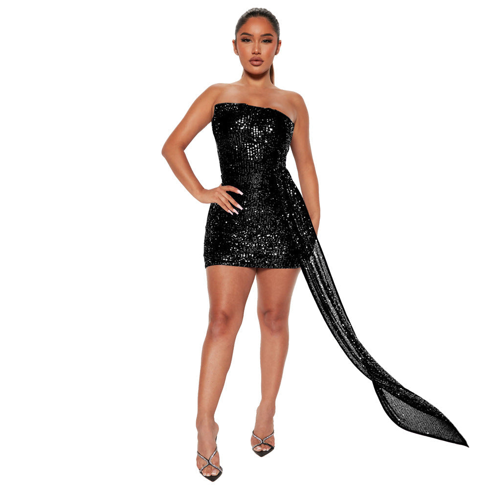 Hip Dress Tube Top Ribbon Sequined