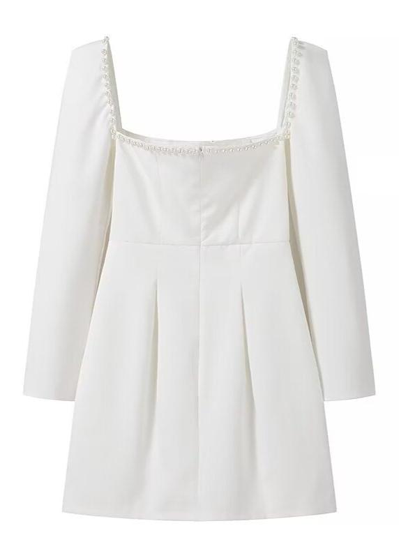 Pearl Trim Square Neck Long Sleeve Fit and Flare Mini Dress