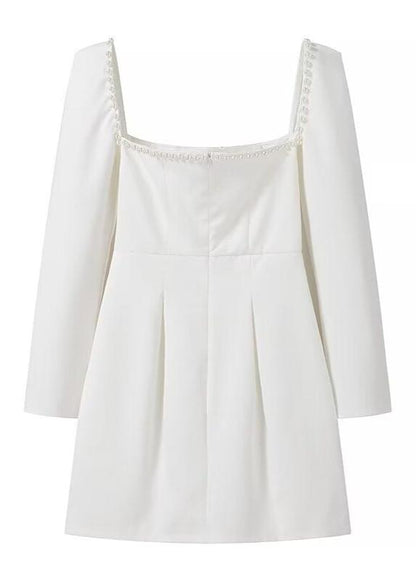 Pearl Trim Square Neck Long Sleeve Fit and Flare Mini Dress