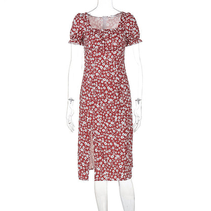 Floral Back Zipper Split Square Collar Mid Length Dress