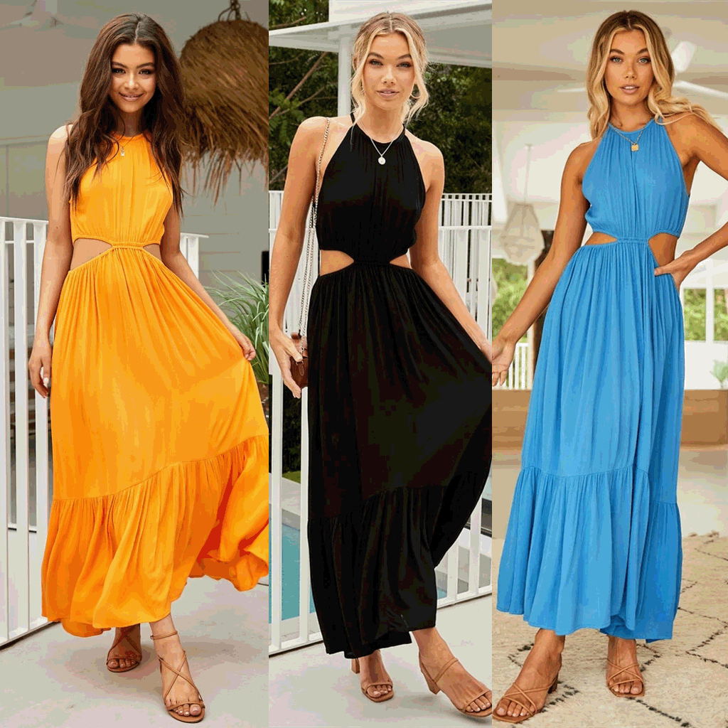 Halter Neck Cut Out Waist Ruffle Hem Crinkle Texture Maxi Dress