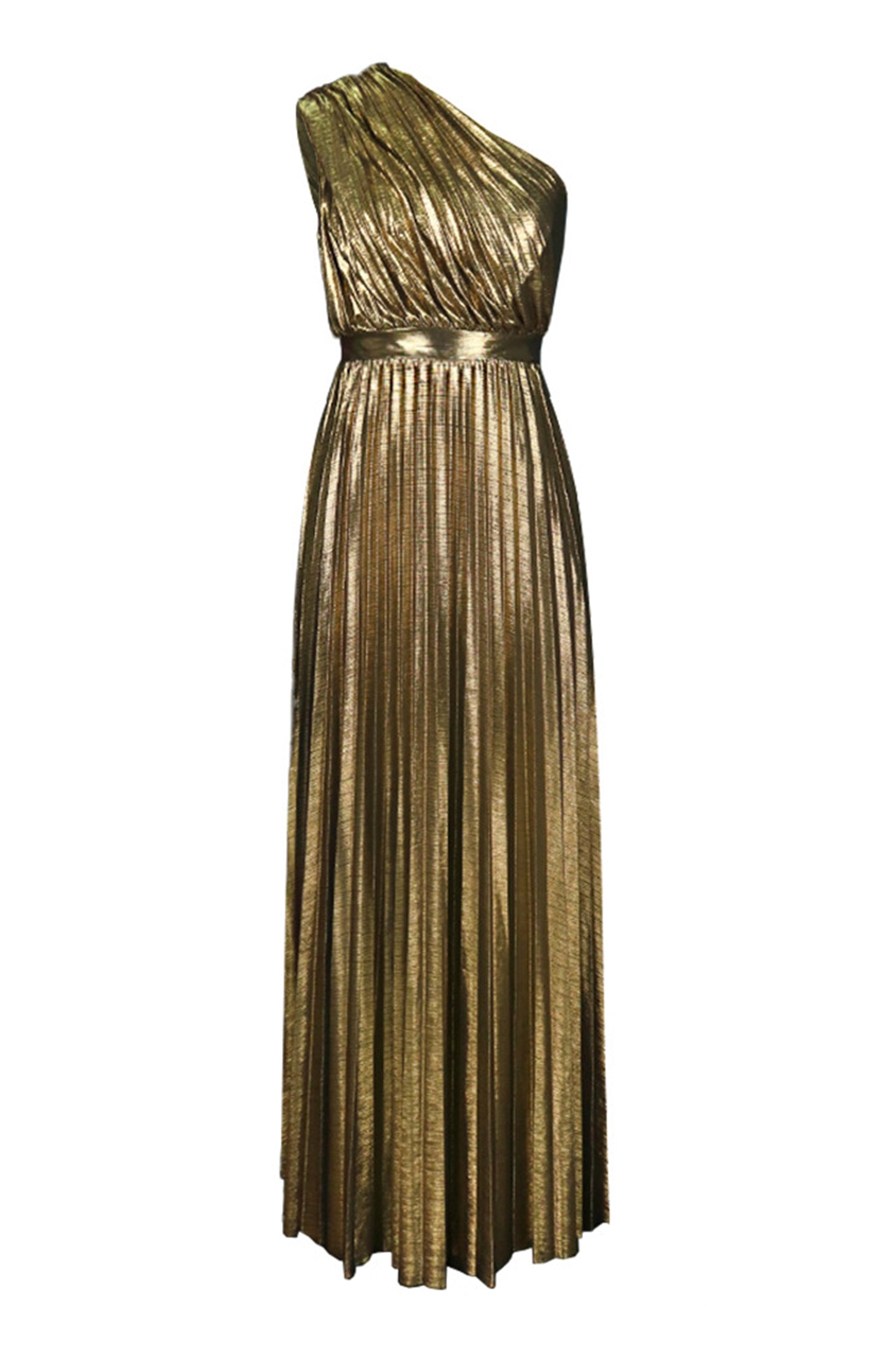 One Shoulder Metallic Pleated Waistband Maxi Gown