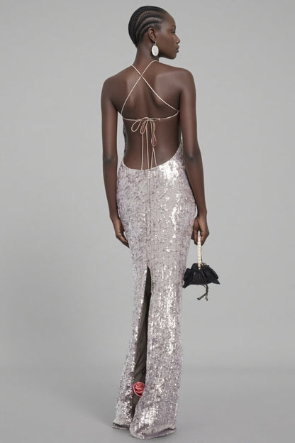 Soraya Silver Sequin 3D Floral Maxi Dress