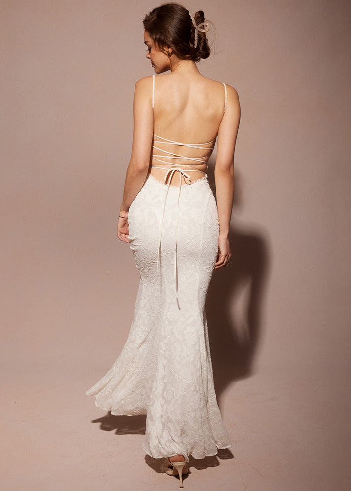 Jacquard Lace Pattern Square Neck Spaghetti Strap Side Tie Trumpet Maxi Gown