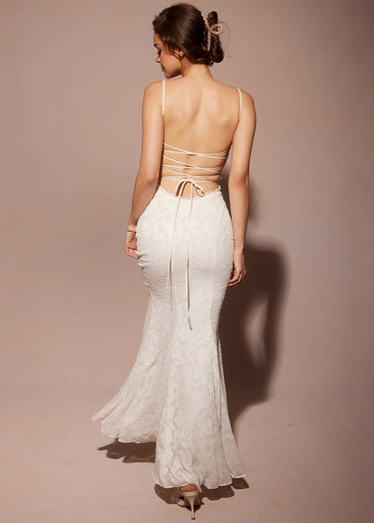Jacquard Lace Pattern Square Neck Spaghetti Strap Side Tie Trumpet Maxi Gown