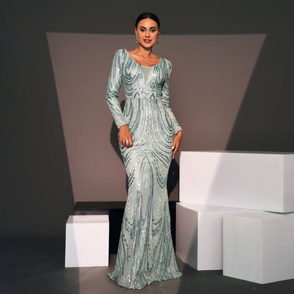 Long Sleeved Elegant V-neck Slim Fit Long Sequined Cocktail Evening Dress Bridesmaid