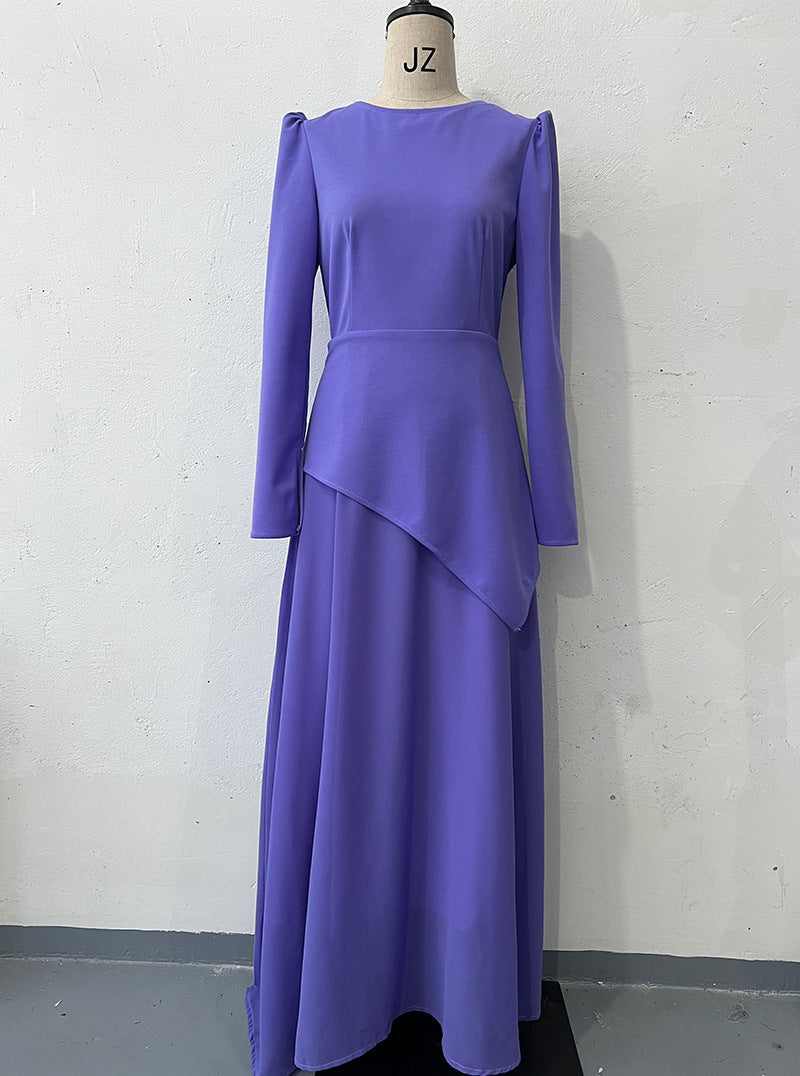 Round Neck Long Sleeve Bevel Folding Slim Dress