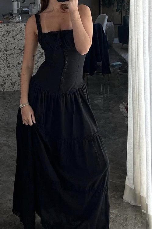 Square Neck Bow Tie Smocked Button Front Tiered Ruffle Maxi Dress