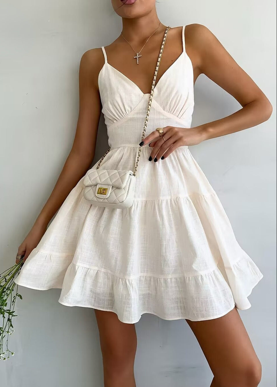 Tiered Ruffle Spaghetti Strap Deep V-Neck Waistband Mini Dress