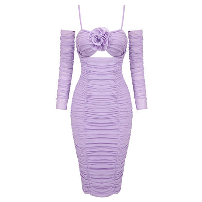 Purple Long Sleeve Dress Slim One Neck Sleeve Floral Tulle Dress