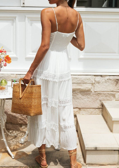 Sweetheart Tie Front Lace Trim Empire Waist Tiered Maxi Dress