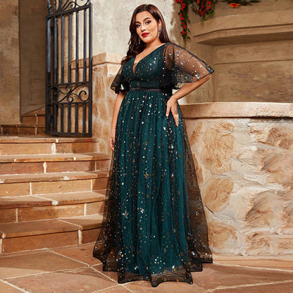 Plus Size Evening Dress Shiny Crystal Puff Sleeve V neck Swing Fairy Evening Dress Super Fairy Dress
