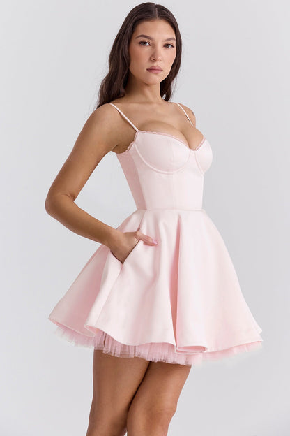 Sweetheart Bustier Lace Trim Tulle Hem Pleated Fit-and-Flare Mini Dress