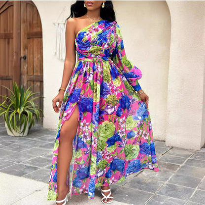 Floral Print One-Shoulder Lantern Sleeve Belted High Slit Maxi Dress