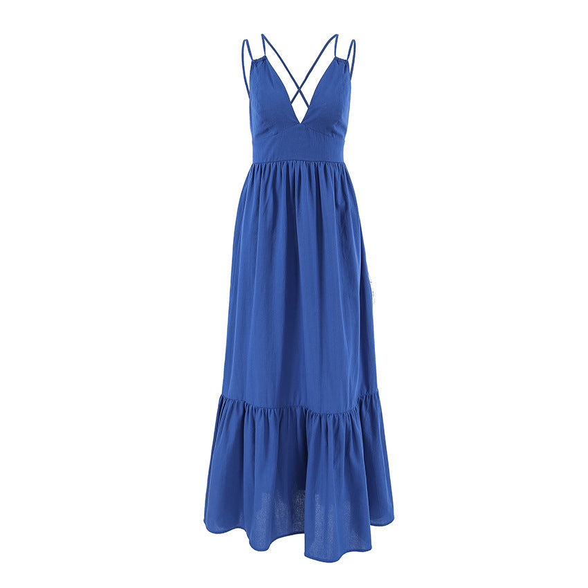 Spaghetti Strap Deep V-Neck Tiered Ruffle Hem Maxi Dress