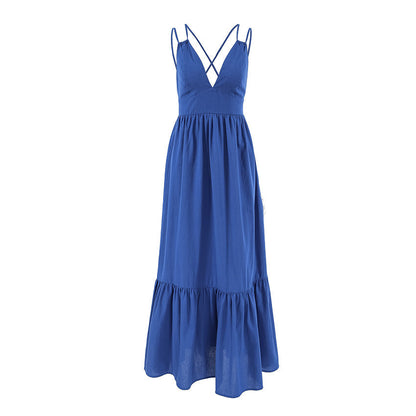 Spaghetti Strap Deep V-Neck Tiered Ruffle Hem Maxi Dress