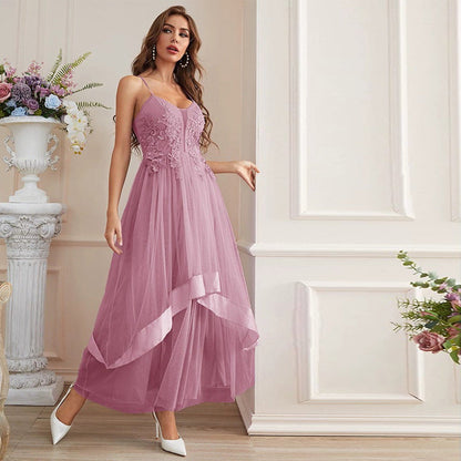 V Neck Spaghetti Strap Floral Lace Applique Tulle Tiered Asymmetrical Maxi Gown