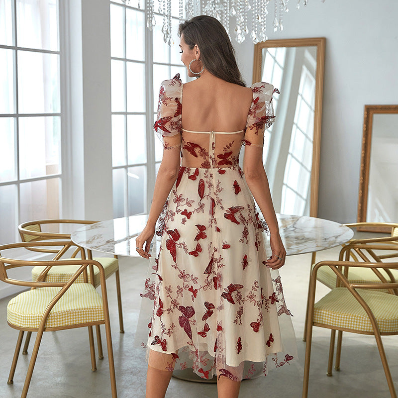 Butterfly Applique Off the Shoulder Sweetheart Mesh Overlay Side Slit Midi Dress